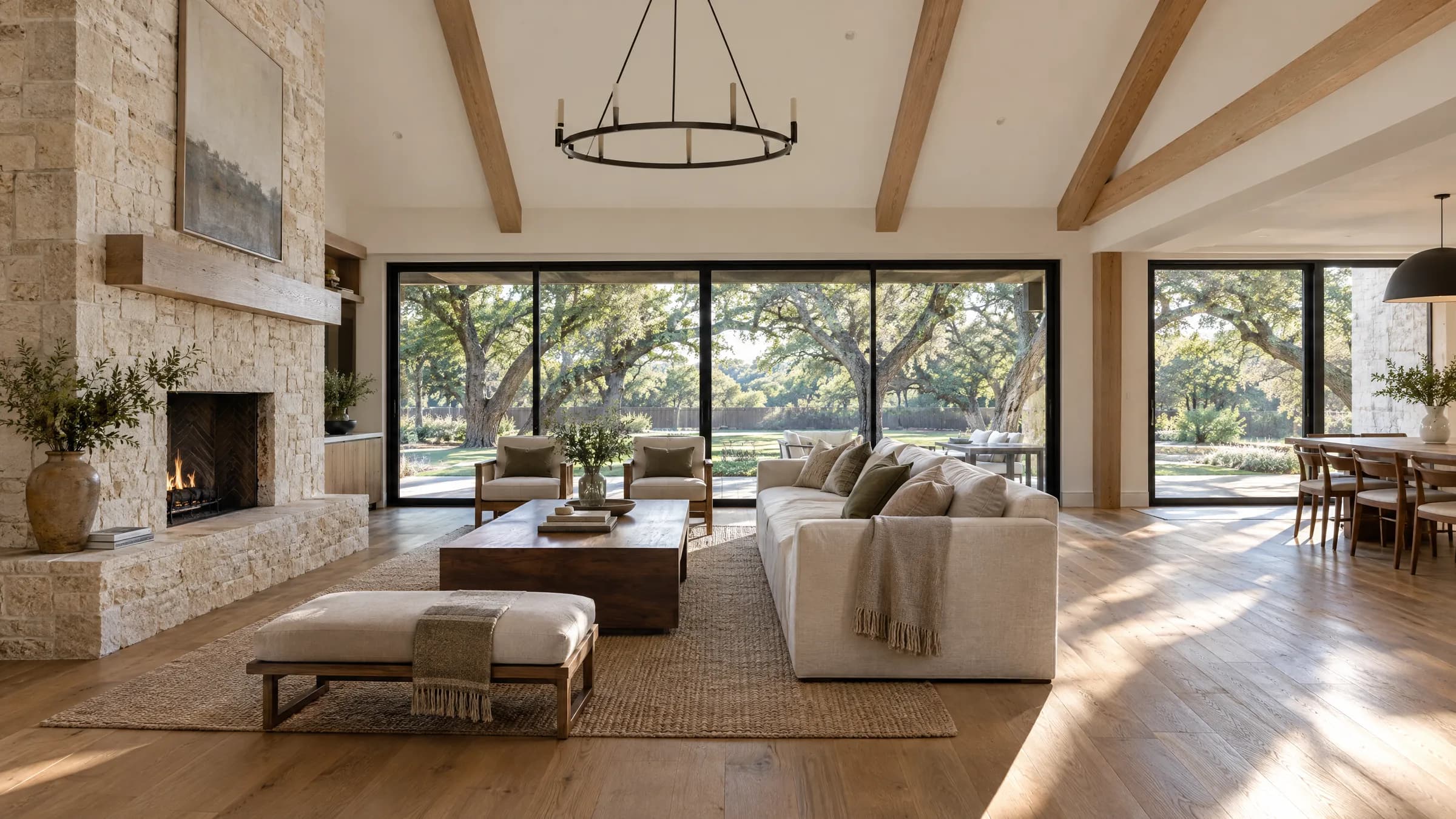 Open-plan great room after a whole-home remodel, with a limestone fireplace, vaulted beamed ceiling, and steel sliding doors to the oaks
