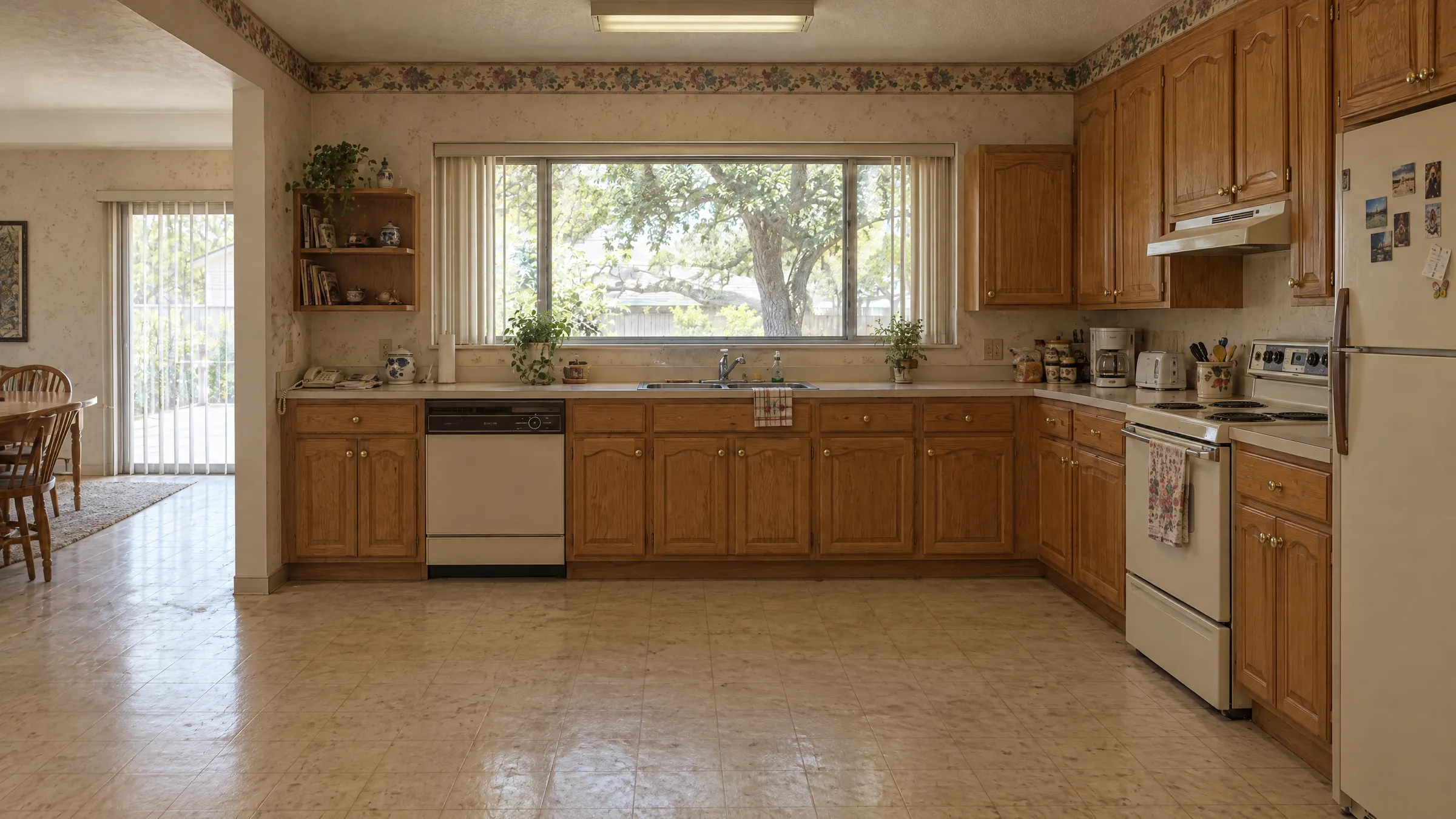The same Austin ranch-house kitchen before remodeling, with honey-oak cabinets, almond appliances, a fluorescent box light, and beige tile